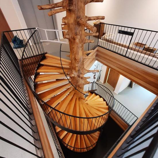 Unikat-Baumtreppe als Spindeltreppe mit Wangen und Geländer aus Stahl von OSWALD Treppenbau 